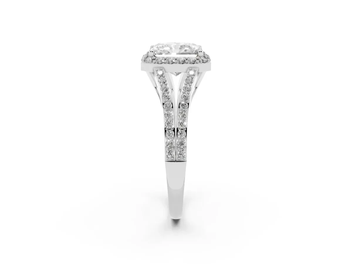 Radiant Cut Halo Split Shank Diamond Ring with Prong Setting Silver