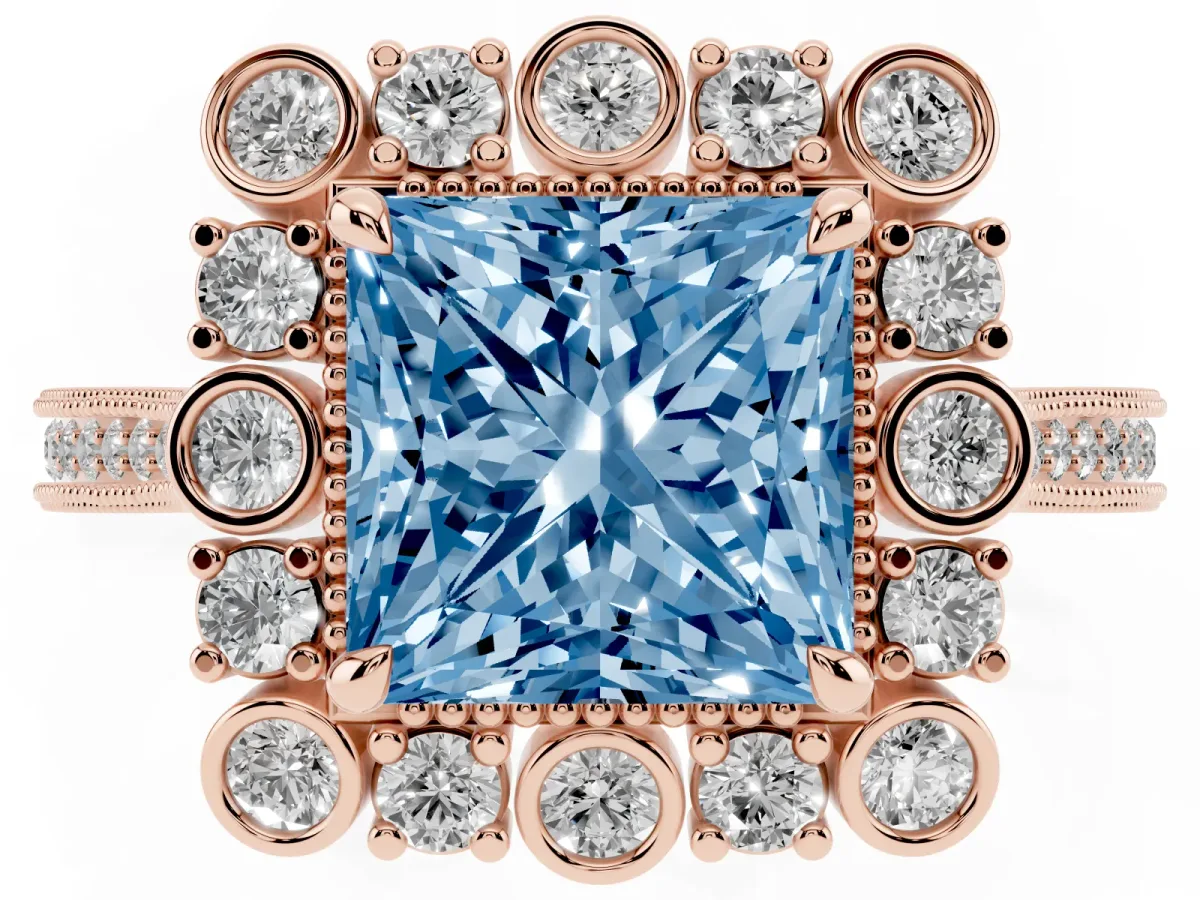 Fancy Blue Princess Cut Halo Milgrain Pave Diamond Ring with Four-Prong Setting Rose gold