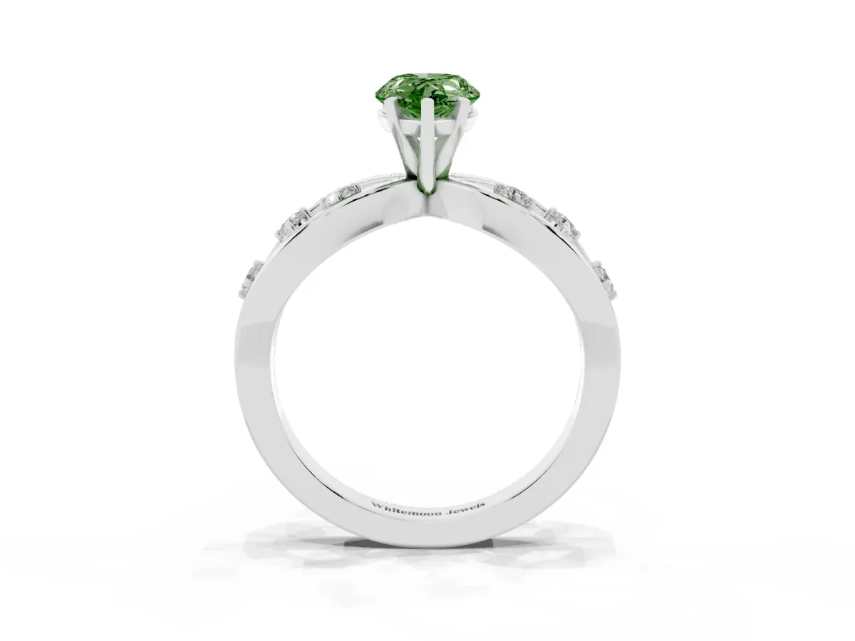 Fancy Green Pear Cut Cut Solitaire Diamond with Side Stones on Criss-Cross Band and Four-Prong Setting Silver