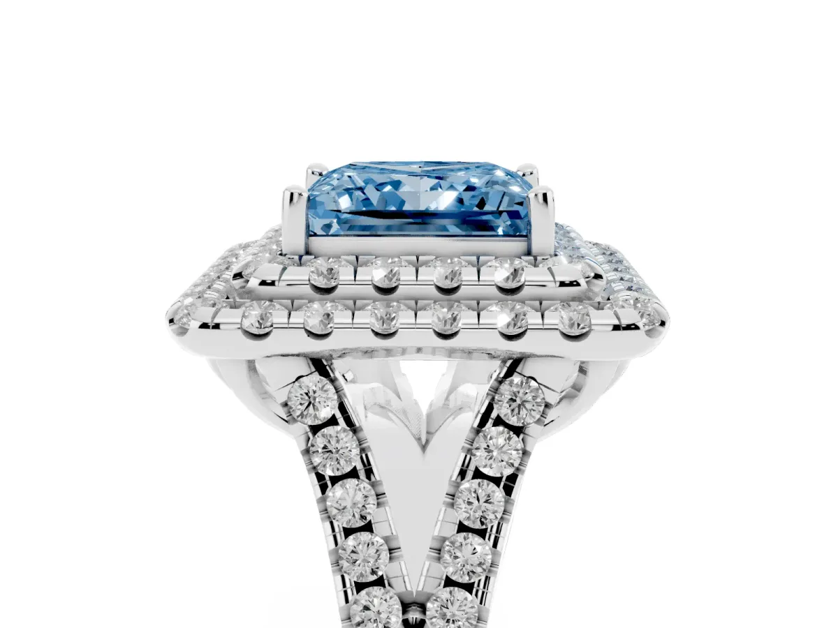Fancy Blue Double Halo Princess Cut Diamond Pavé Split Shank Ring with Prong Setting Platinum