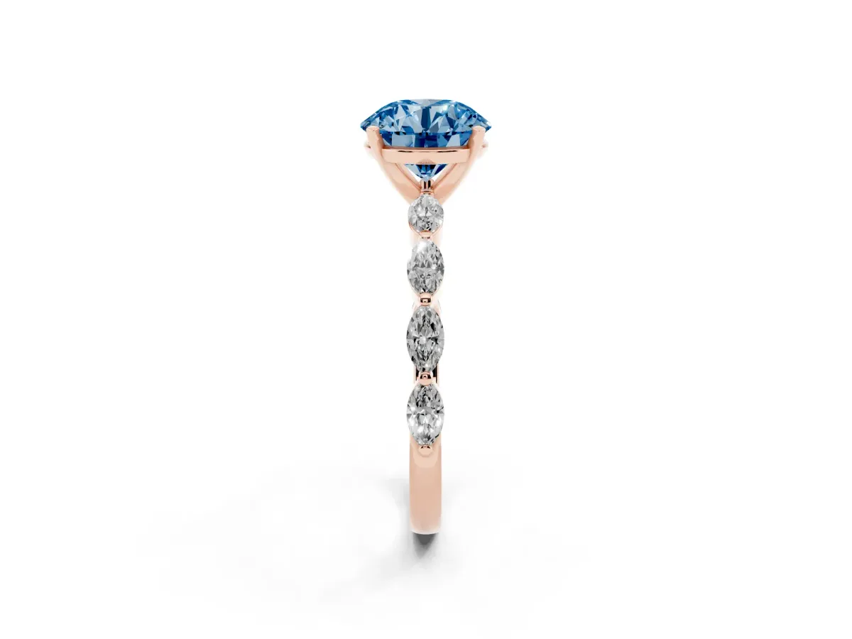 Fancy Blue Round Cut Diamond Ring with Marquise Side Stones and Prong Setting Rose gold