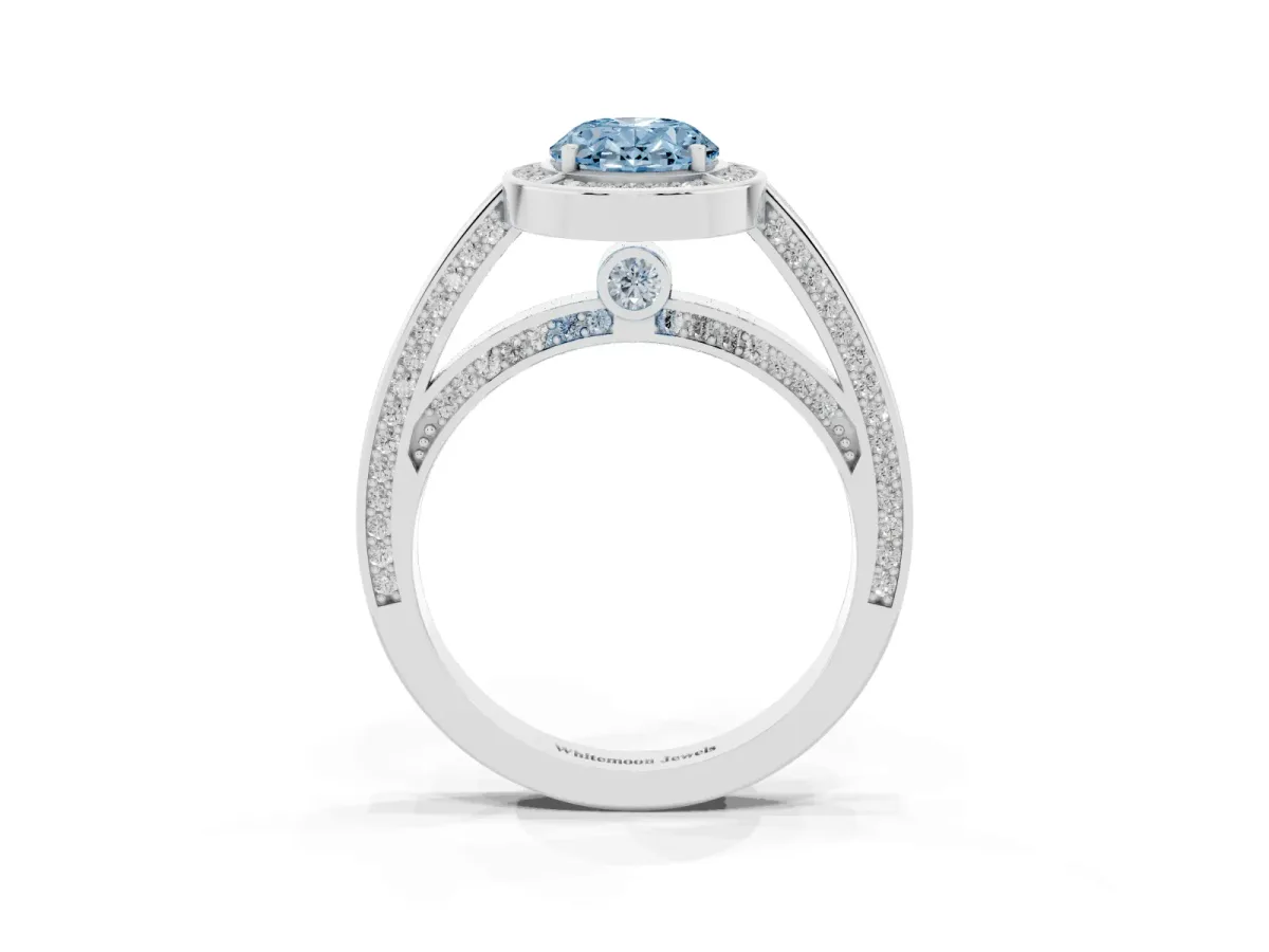 Fancy Blue Oval Cut Cut Halo Pave Split Shank Prong Setting Ring Silver