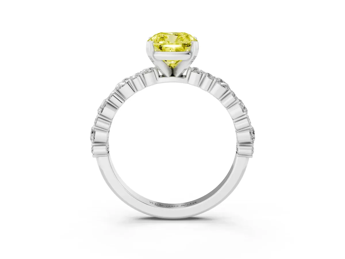 Fancy Yellow Cushion Cut Diamond Side Stone Solitaire Ring with Round and Four-Prong Setting Silver