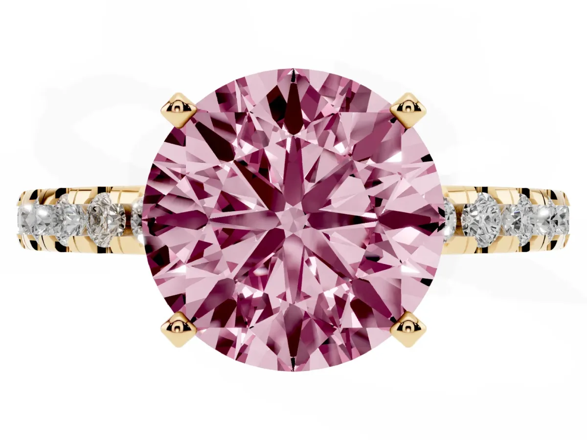 Fancy Pink Round Cut Diamond Solitaire Ring with Round Pavé Band and Four-Prong Setting Yellow gold
