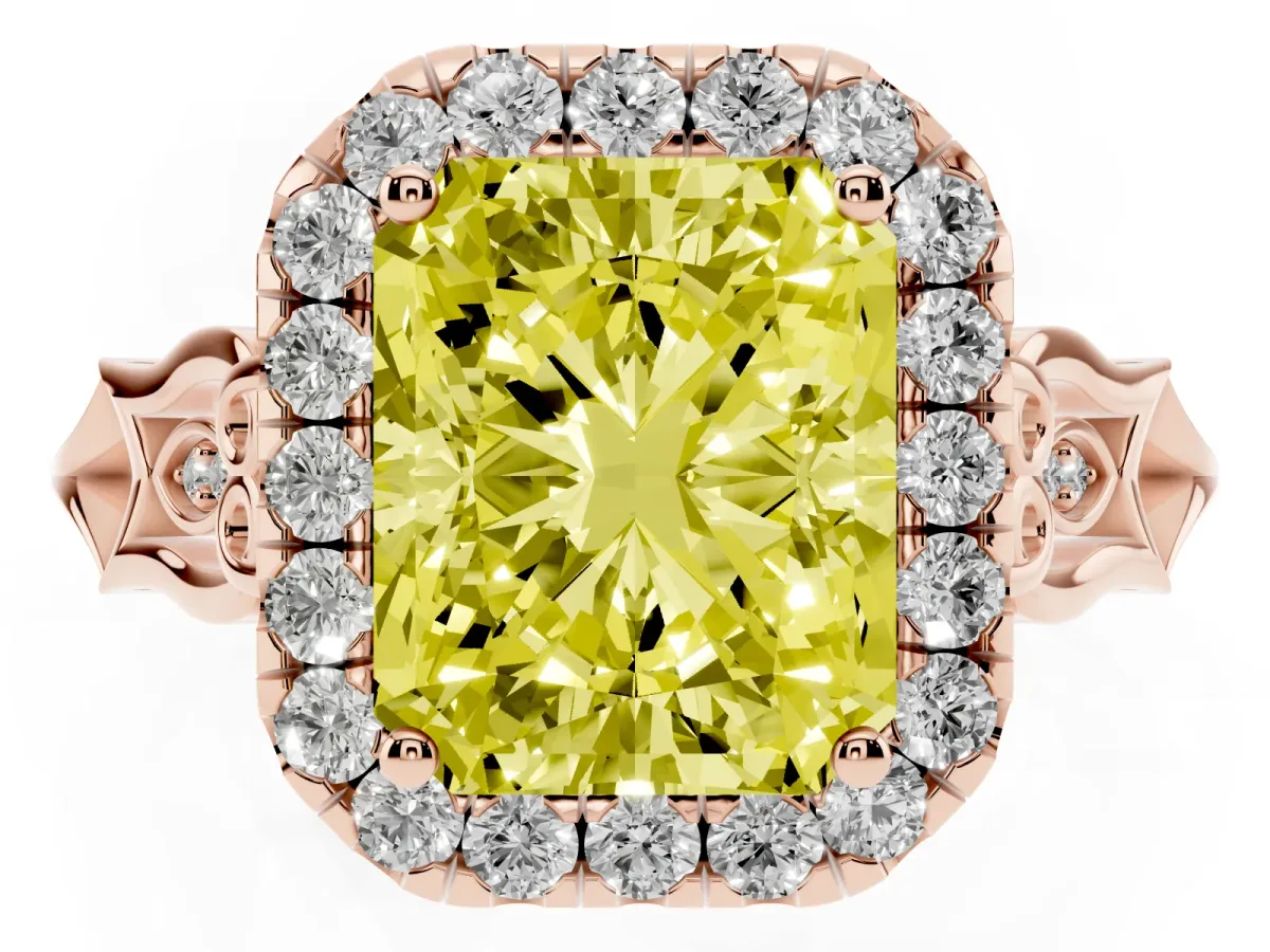 Fancy Yellow Radiant Cut Halo Diamond Engagement Ring with Filigree Band and Four-Prong Setting Rose gold