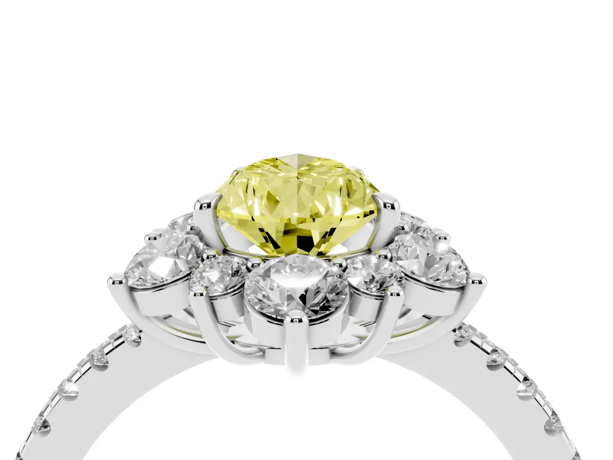 Fancy Yellow Pear Cut Diamond Floral Halo Ring with Round Pavé Band and Prong Setting Silver
