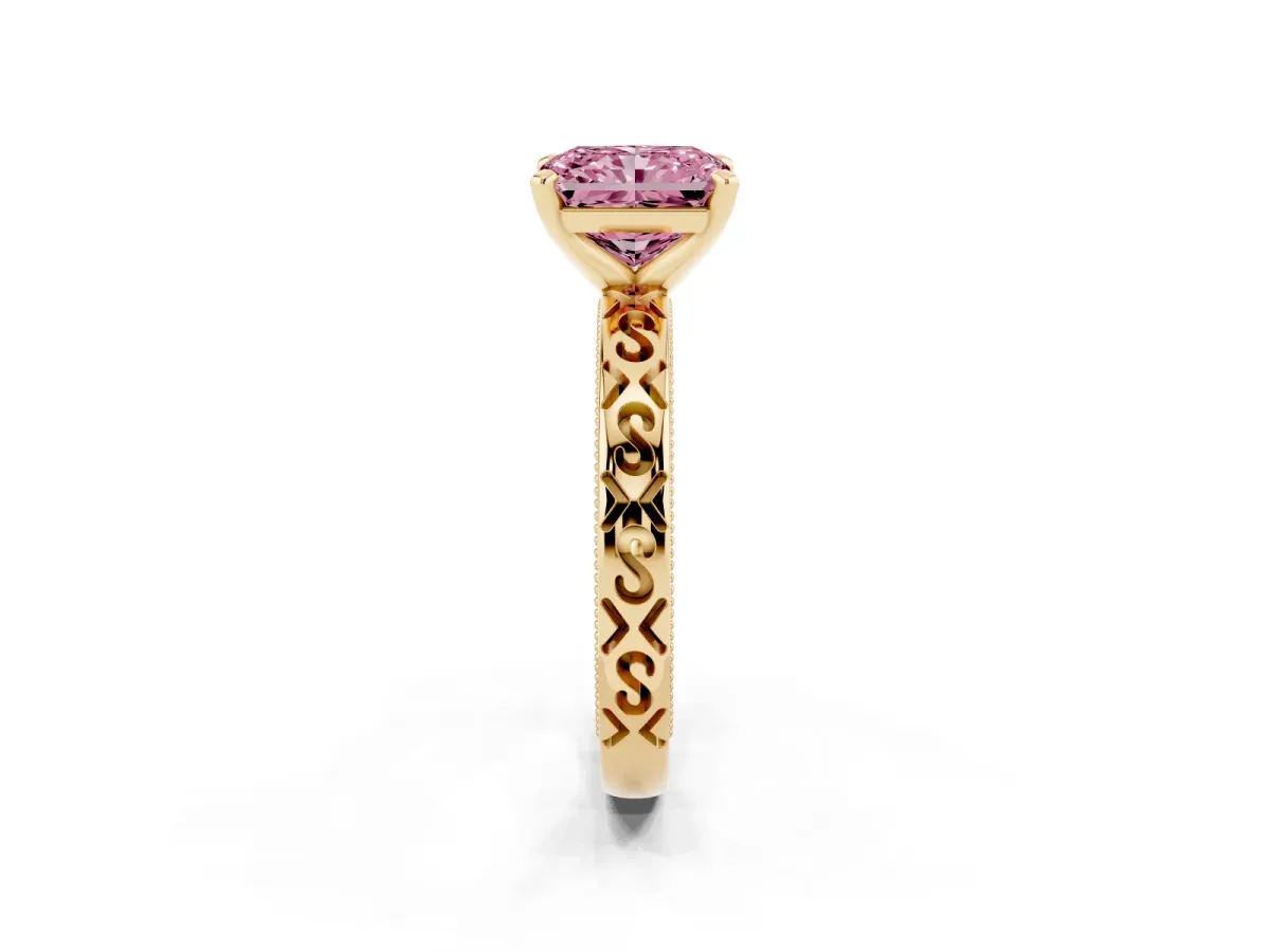 Fancy Pink Radiant Cut Solitaire Engagement Ring with Scrollwork Band and Four-Prong Setting Yellow gold