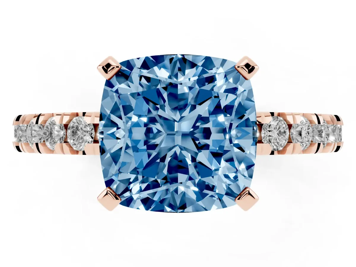 Fancy Blue Cushion Cut Diamond Pavé Band Solitaire with Four-Prong Setting Rose gold