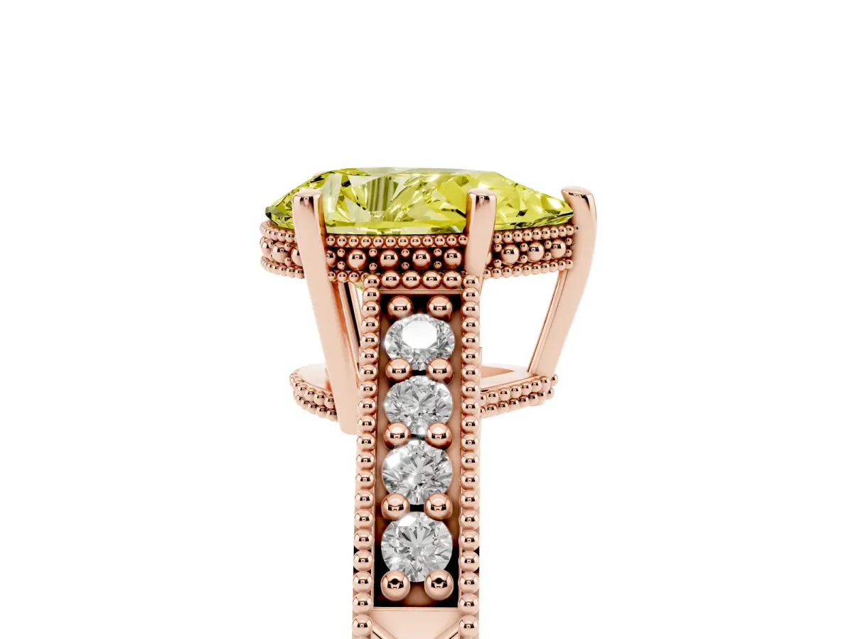 Fancy Yellow Pear Cut Solitaire Pavé Diamond Milgrain Engagement Ring with Four-Prong Setting Rose gold