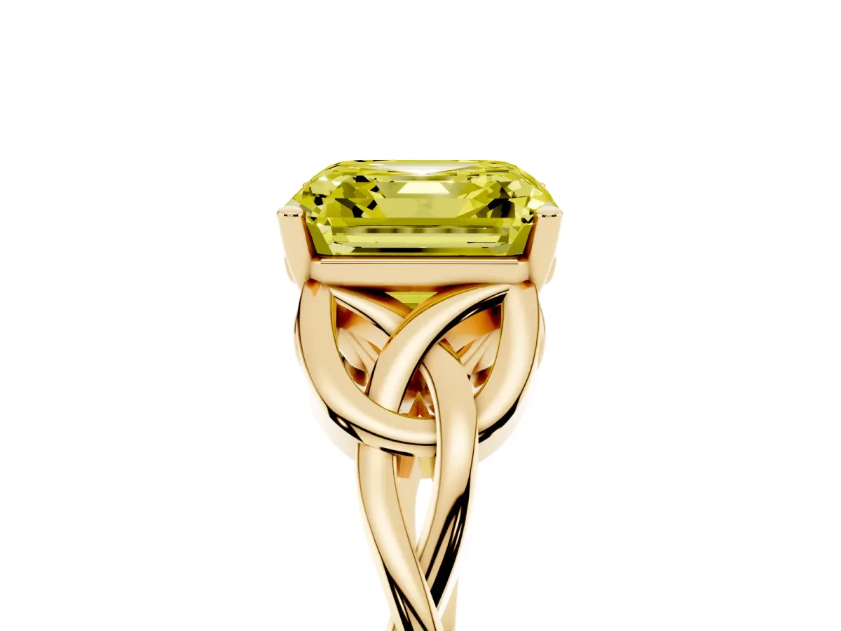 Fancy Yellow Asscher Cut Diamond Solitaire Engagement Ring with Celtic Knot Band and Four-Prong Setting Yellow gold