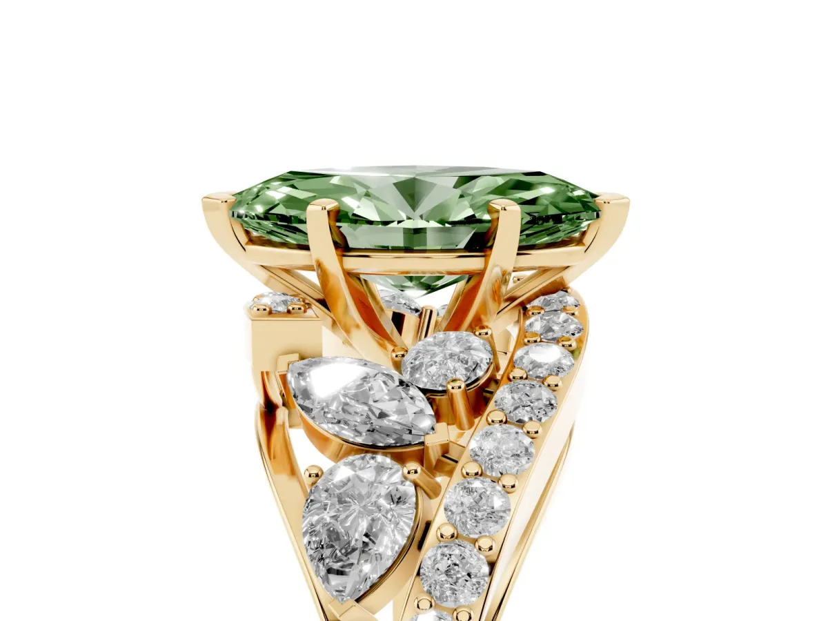 Fancy Green Marquise Cut Diamond Halo Ring with Marquise and Pavé Band in Prong Setting Yellow gold