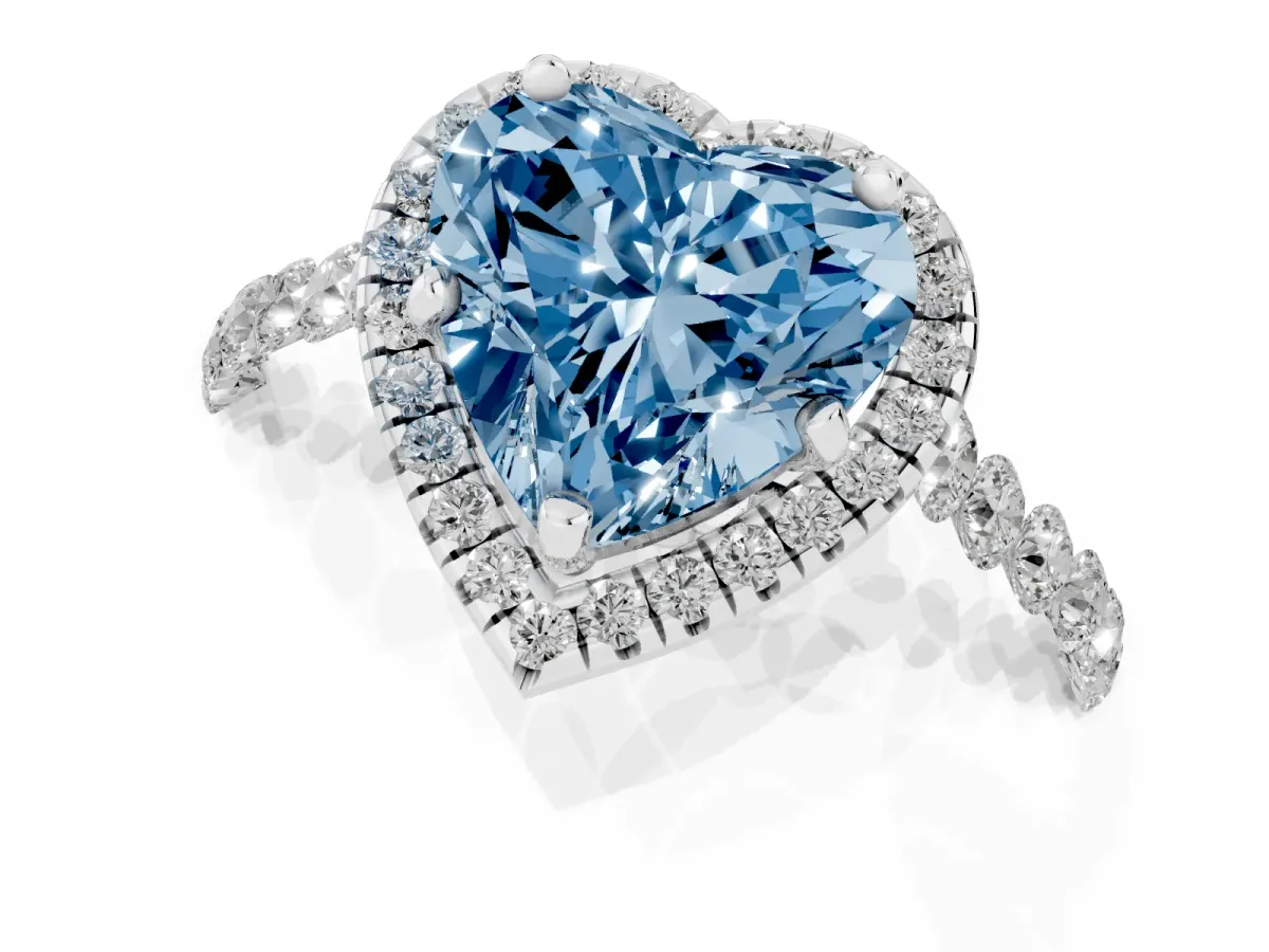 Fancy Blue Heart Cut Halo Pavé Diamond Engagement Ring with Four-Prong Setting Silver
