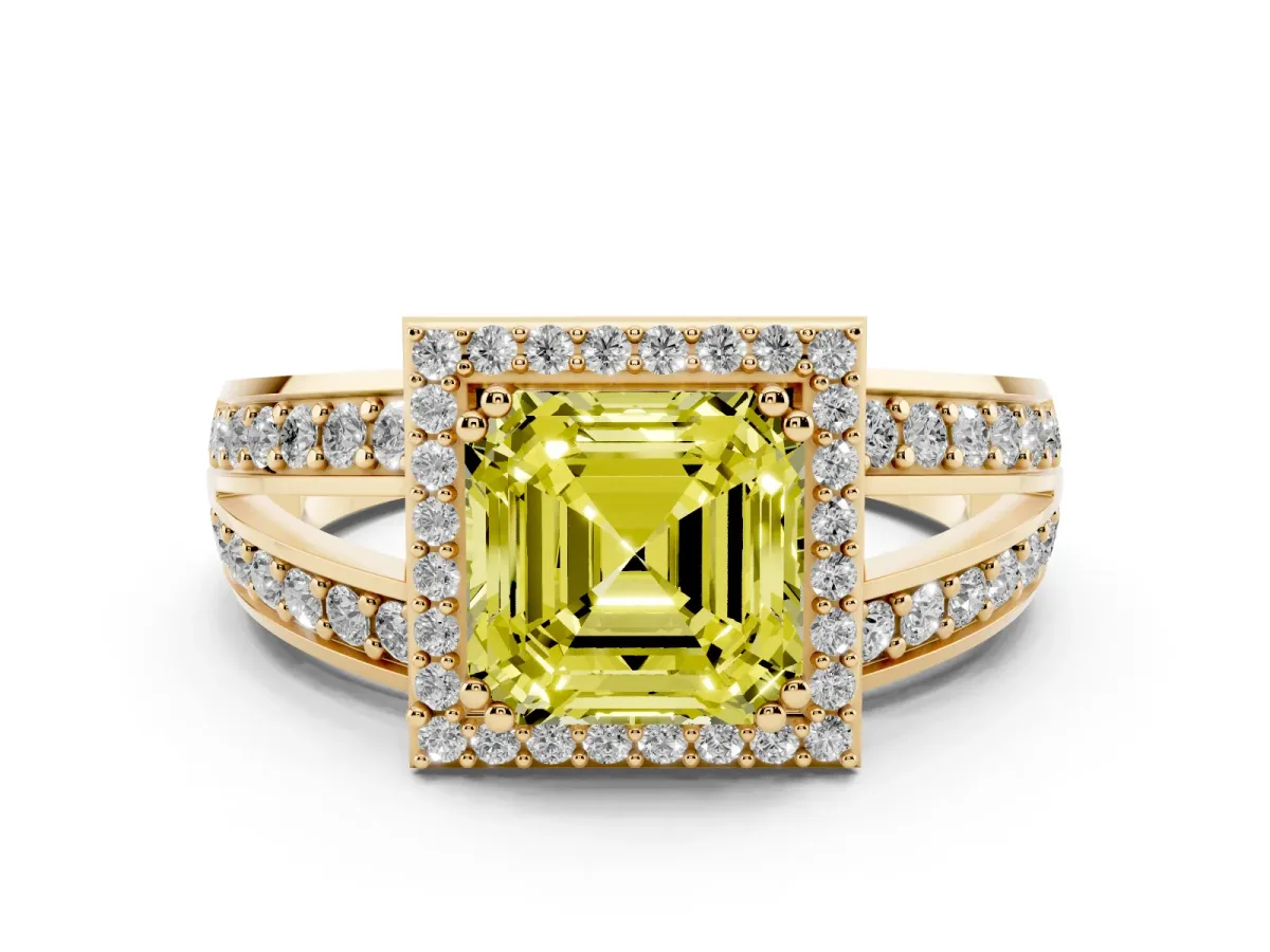 Fancy Yellow Asscher Cut Diamond Halo Ring with Split Shank Pavé Band and Four-Prong Setting Yellow gold