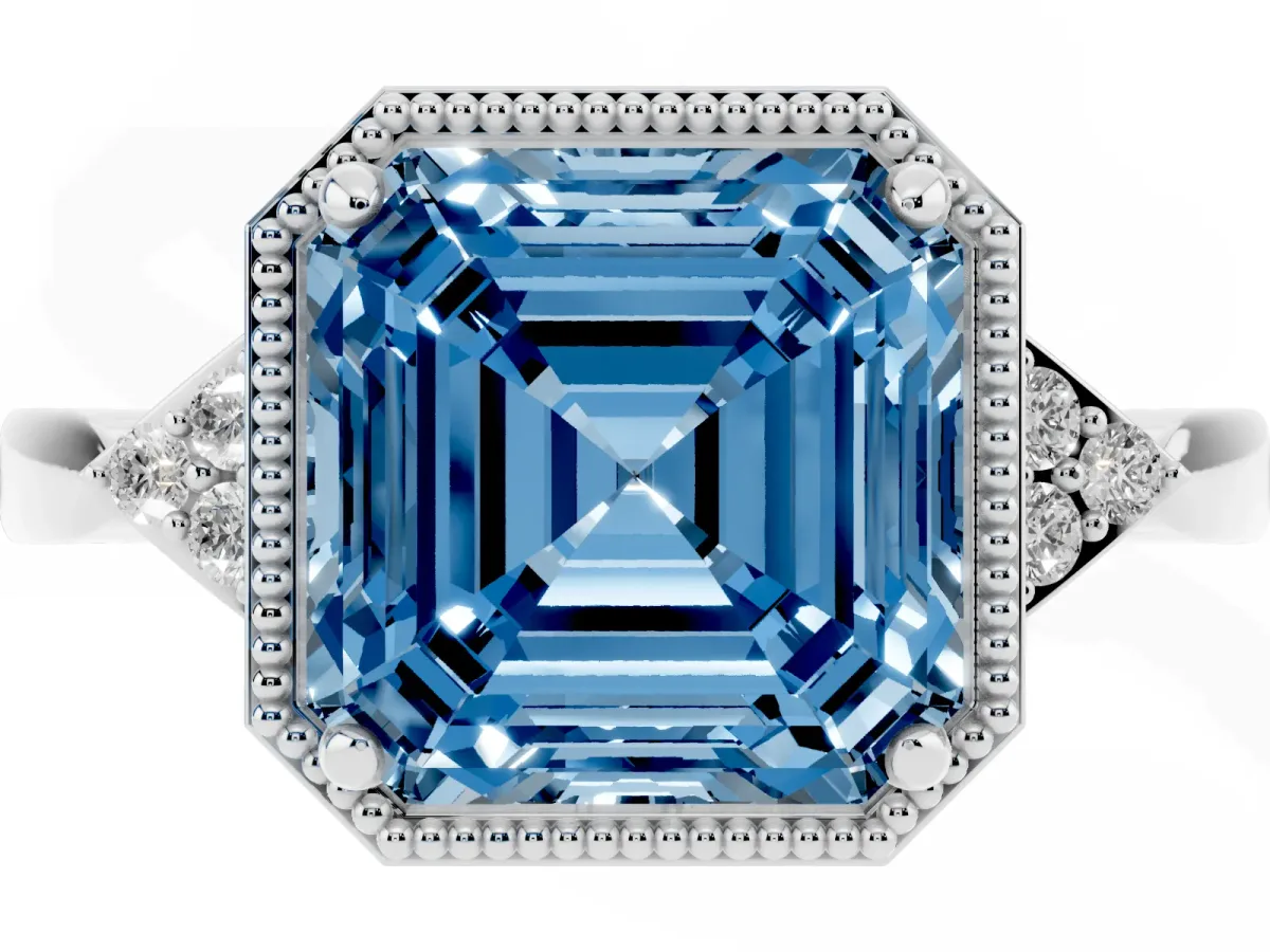 Fancy Blue Hexagonal Halo Asscher Cut Diamond Solitaire with Pavé Band and Four-Prong Setting Silver