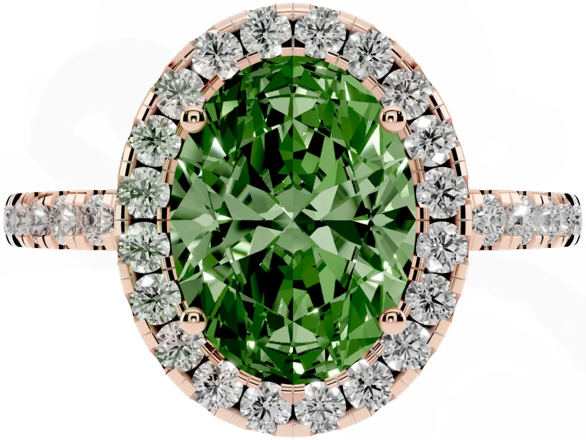 Fancy Green Oval Cut Halo Diamond Engagement Ring with Pavé Band and Four-Prong Setting Rose gold