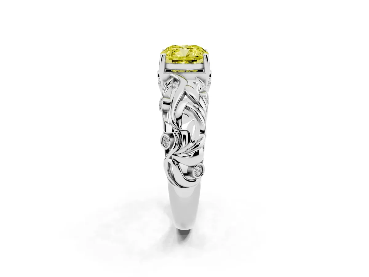 Fancy Yellow Cushion Cut Solitaire Diamond Leaf-Inspired Vine Band Ring with Prong Setting Platinum