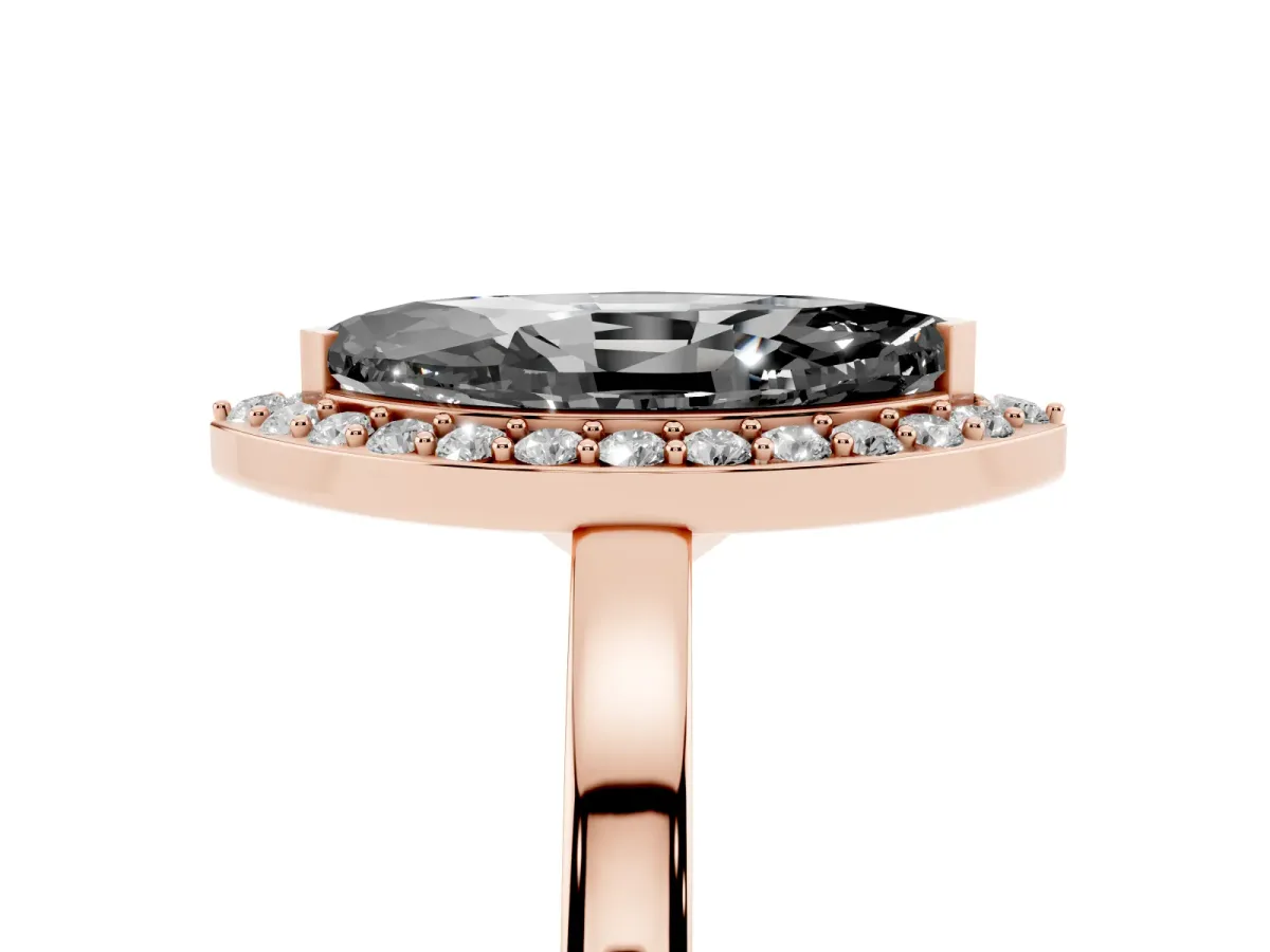 Fancy Black Marquise Cut Halo Diamond Ring with Solitaire Band and Prong Setting Rose gold