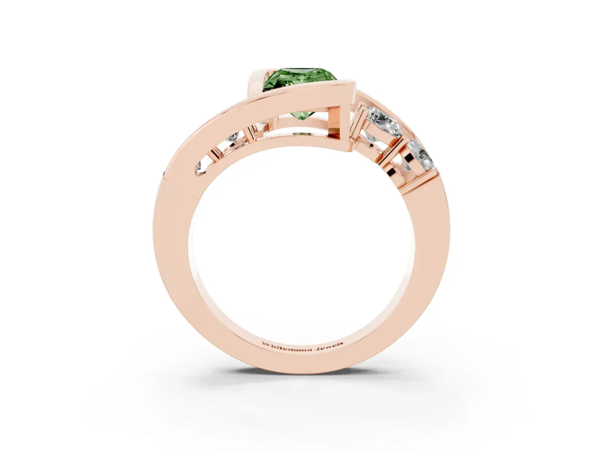 Fancy Green Bezel Set Radiant Cut Diamond Bypass Ring with Round Accents Rose gold