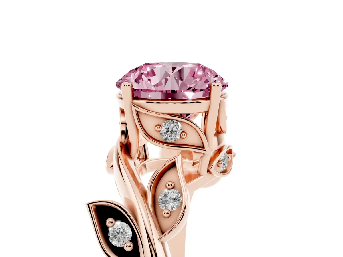 Fancy Pink Round Cut Solitaire Twist Engagement Ring with Leaf Accents and Prong Setting Rose gold