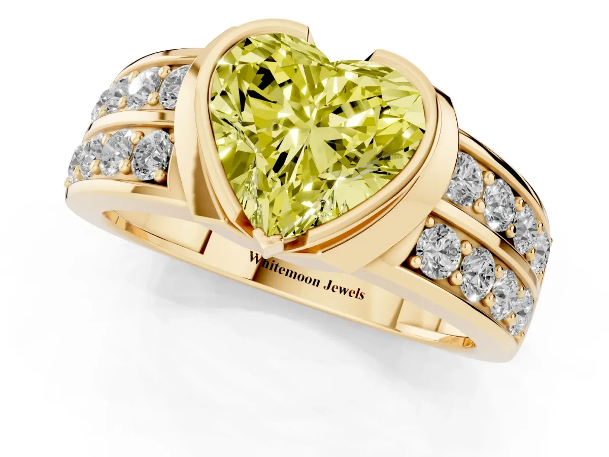 Fancy Yellow Heart Cut Brilliant Diamond Channel Set Wide Band Ring with Bezel Setting Yellow gold