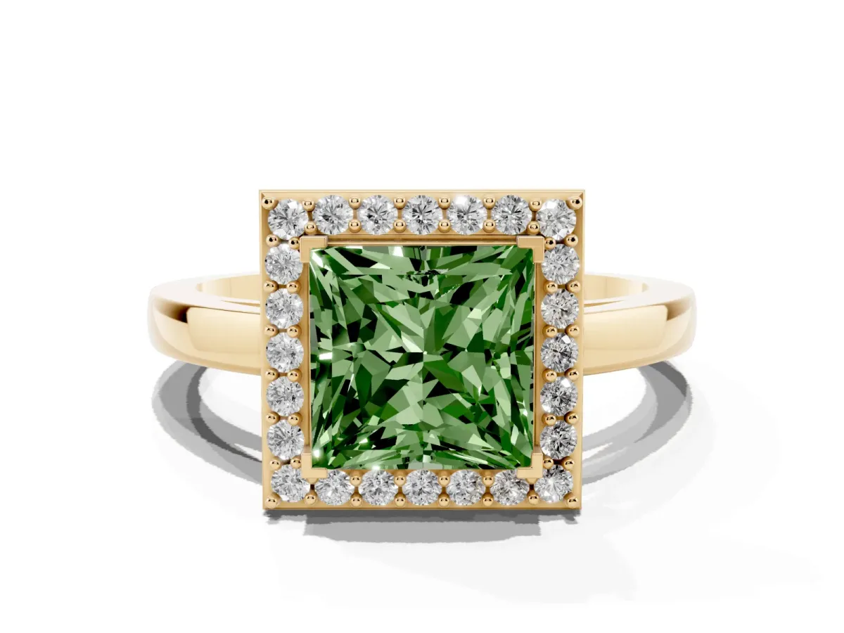 Fancy Green Princess Cut Halo Diamond Ring with Solitaire Band and Prong Setting Yellow gold
