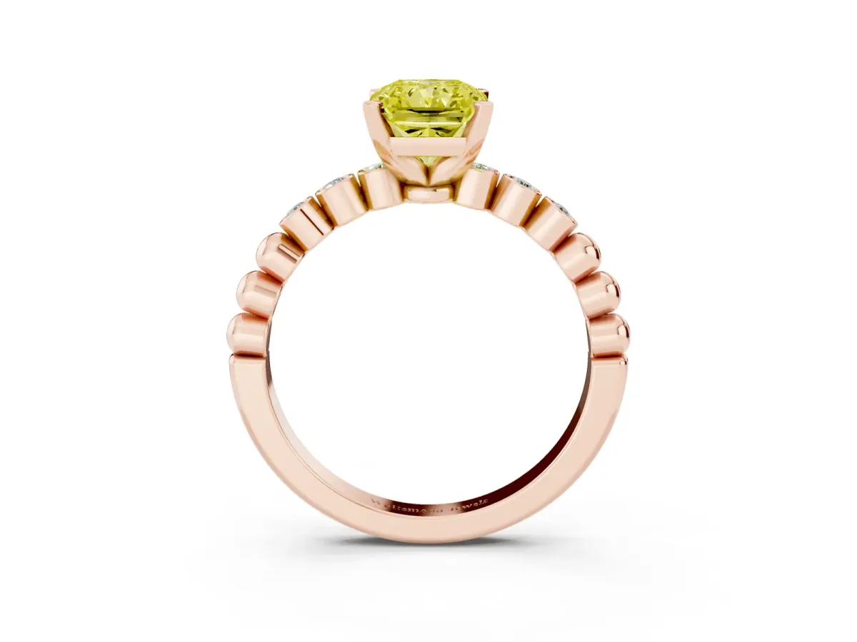 Fancy Yellow Radiant Cut Solitaire Bezel Accent Diamond Engagement Ring with Beaded Band and Four-Prong Setting Rose gold