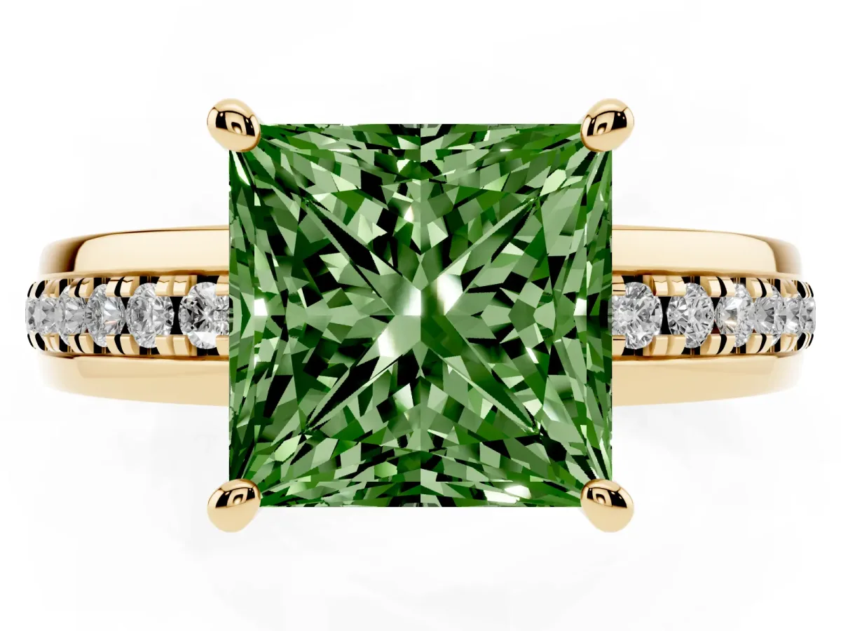 Fancy Green Princess Cut Solitaire Diamond Ring with Channel Set Band and Six-Prong Setting Yellow gold