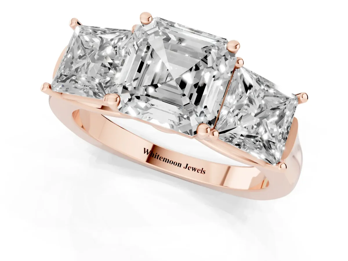 Three-Stone Asscher Cut Brilliant Diamond Trellis Ring with Comfort Fit Band Rose gold