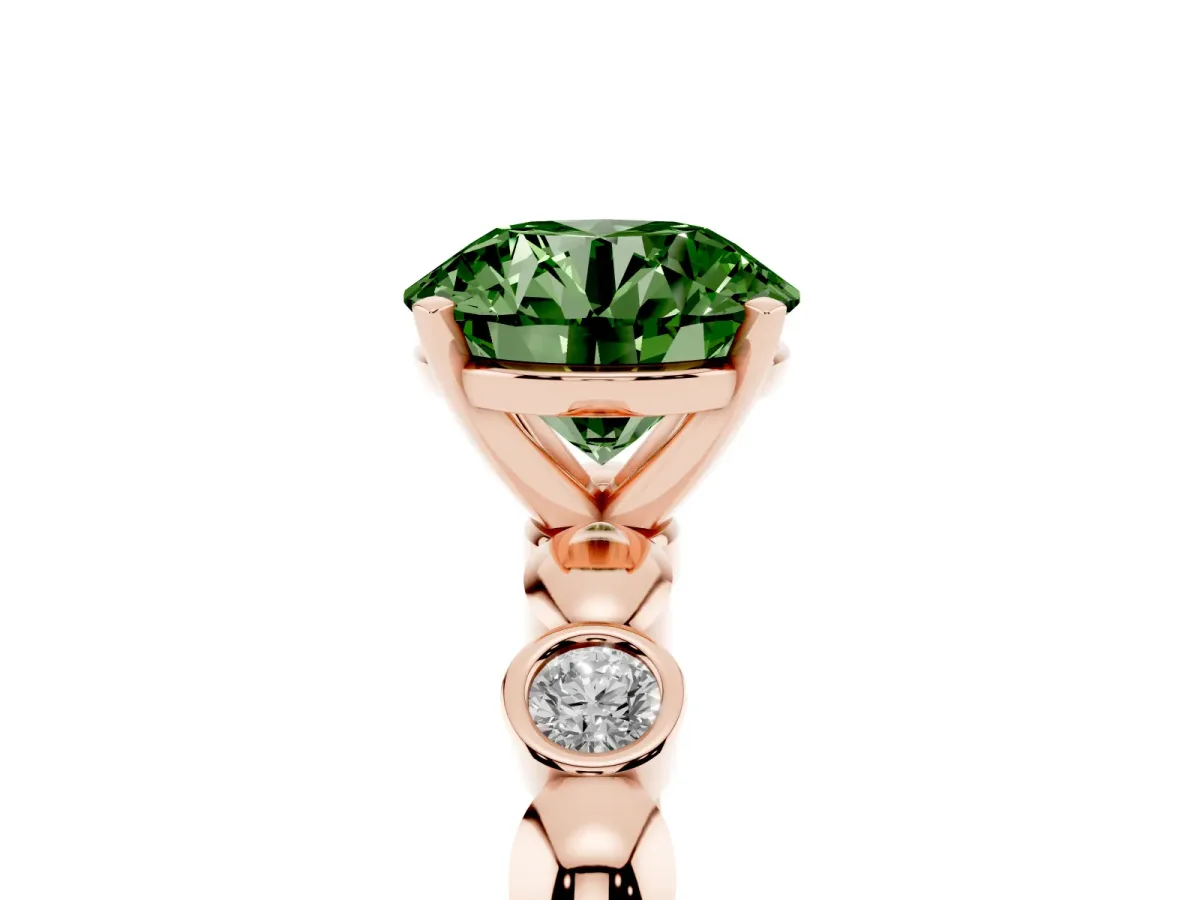Fancy Green Round Cut Solitaire Bezel-Set Diamond Ring with Beaded Band and Four-Prong Setting Rose gold