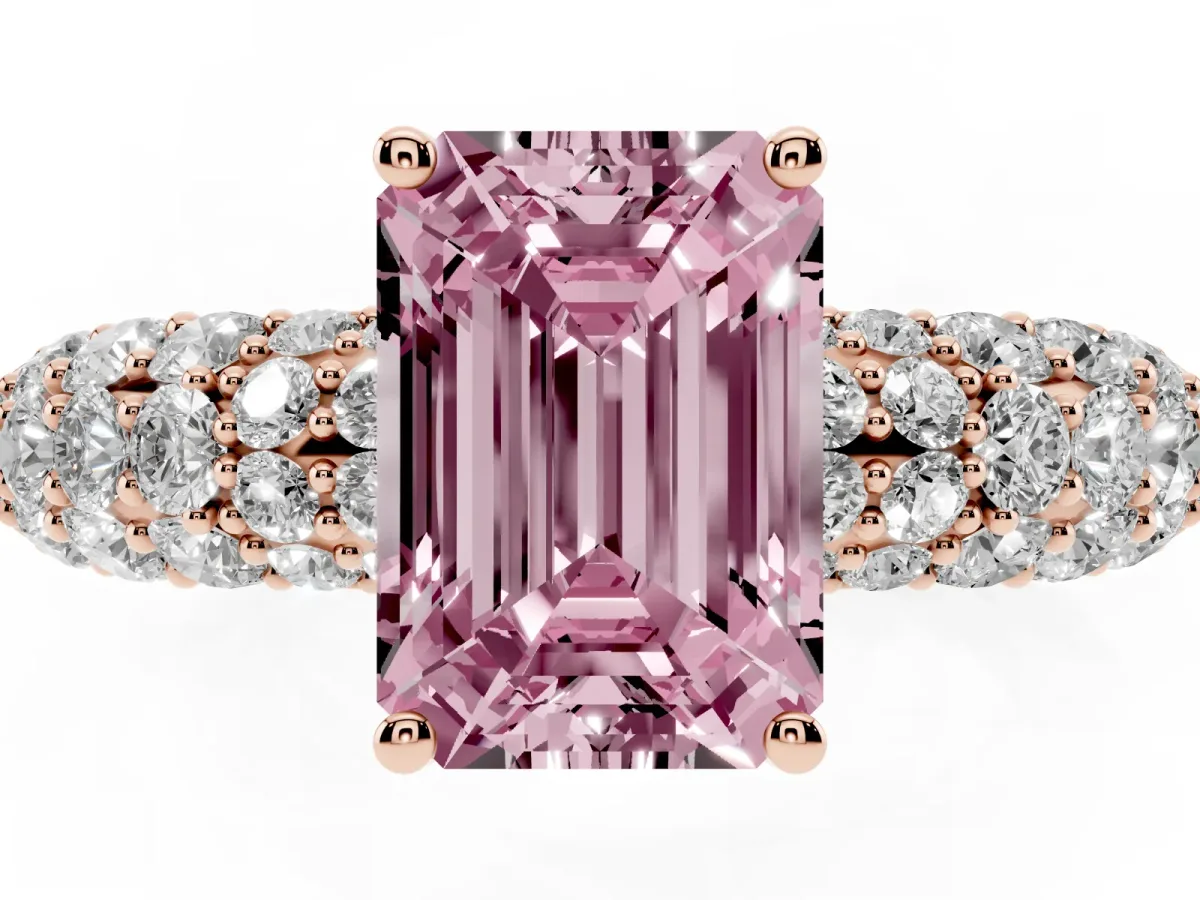 Fancy Pink Emerald Cut Diamond Pavé Band Solitaire Ring with Four-Prong Setting Rose gold