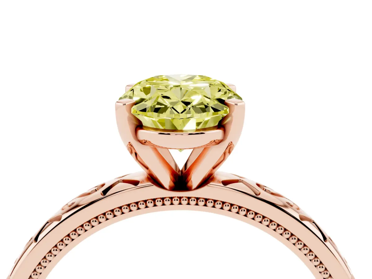 Fancy Yellow Oval Cut Solitaire Engagement Ring with Scrollwork Band and Four-Prong Setting Rose gold