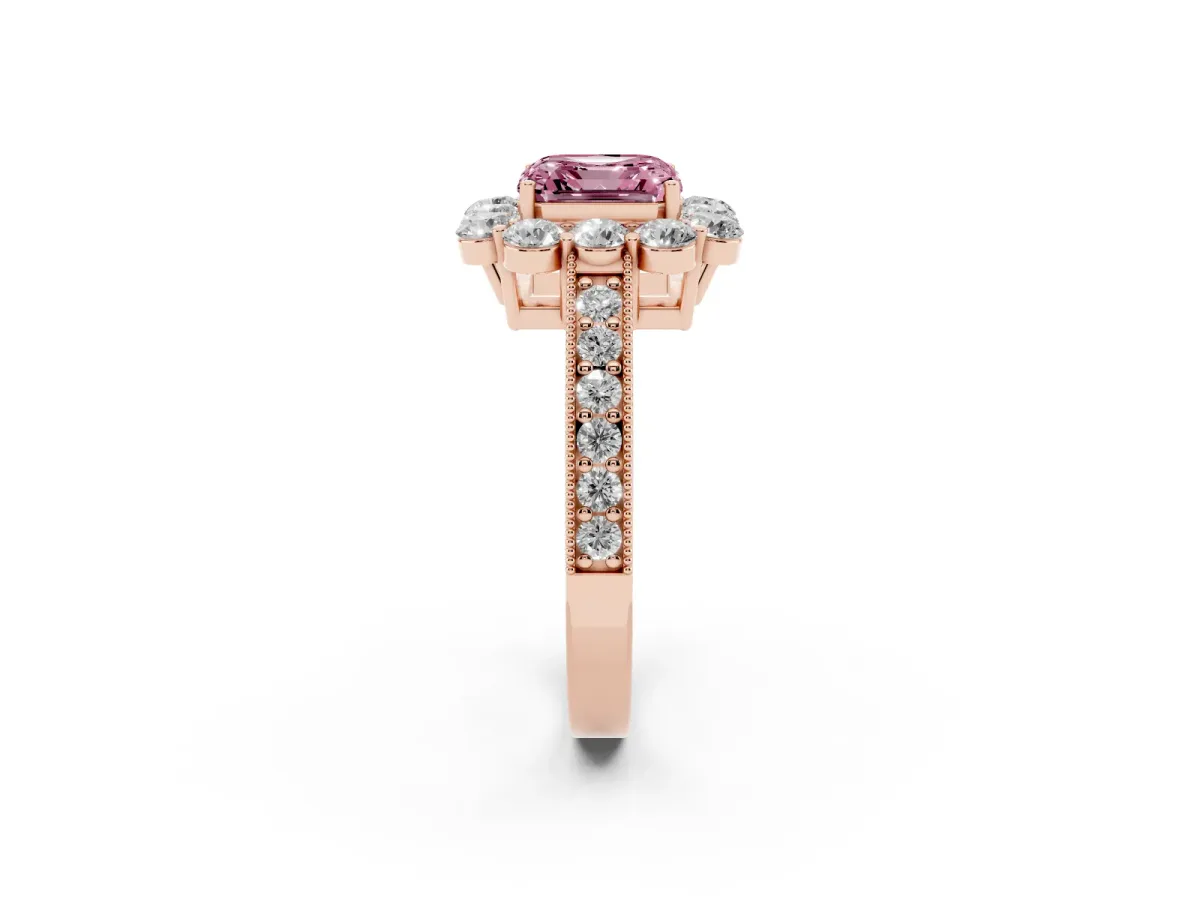 Fancy Pink Asscher Cut Cut Halo Diamond Pavé Engagement Ring with Milgrain Detailing Rose gold