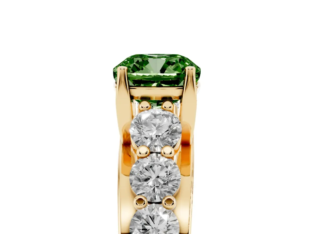 Fancy Green Cushion Cut Diamond Engagement Ring with Pavé Band and Four-Prong Setting Yellow gold