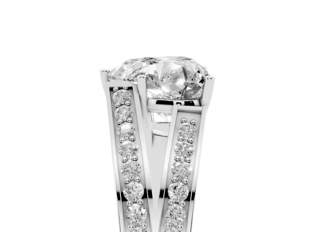 Heart Cut Diamond Split Shank Ring with Pavé Band and Four-Prong Setting Silver