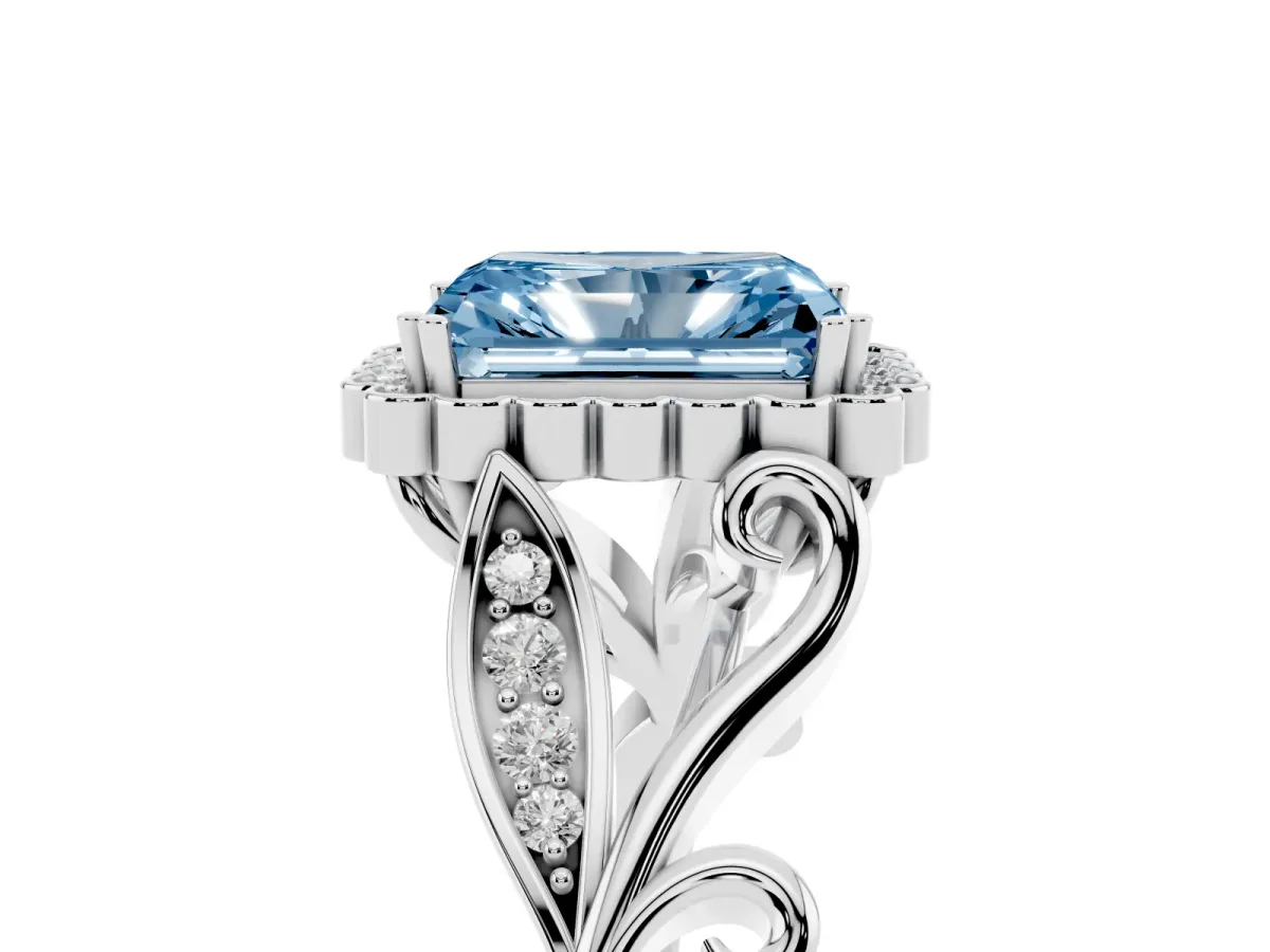 Fancy Blue Radiant Cut Diamond Halo Ring with Vintage Split Shank and Four-Prong Setting Platinum