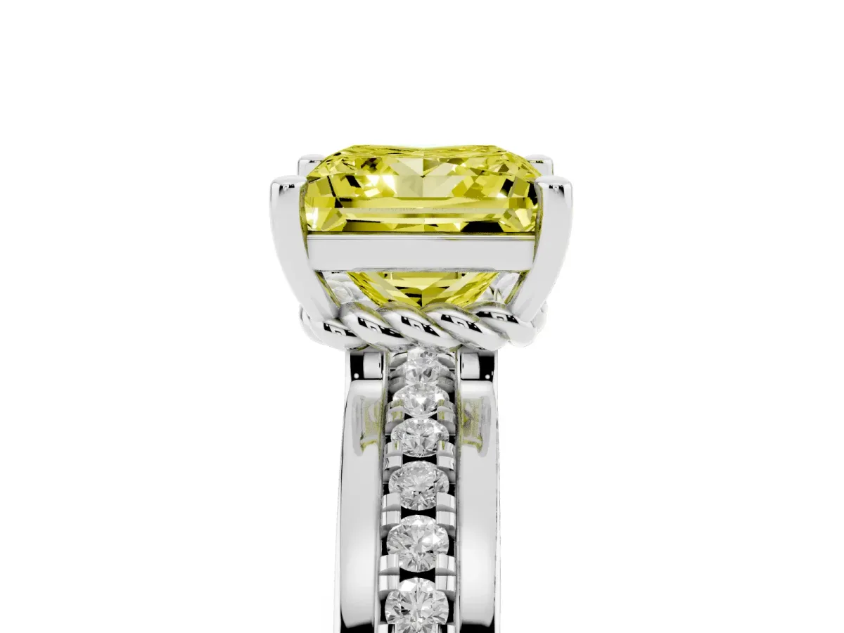 Fancy Yellow Princess Cut Solitaire Diamond Ring with Channel Set Band and Six-Prong Setting Platinum