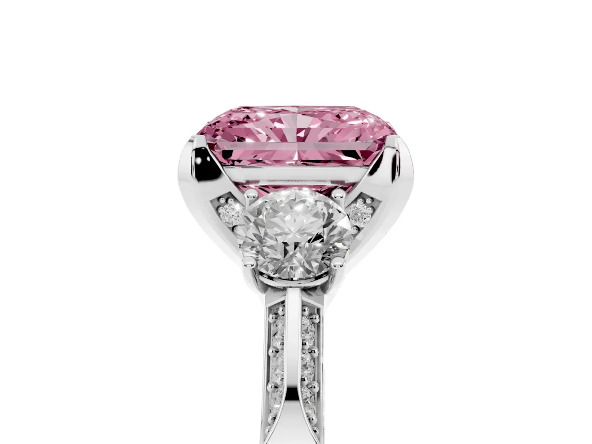 Fancy Pink Radiant Cut Brilliant Three-Stone Diamond Ring with Pavé Band and Four-Prong Setting White gold