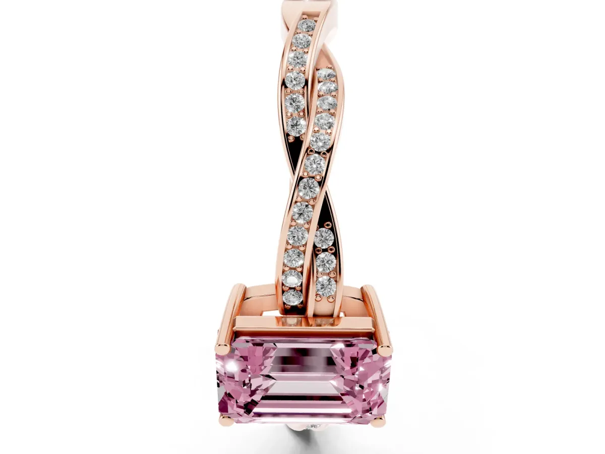 Fancy Pink Emerald Cut Solitaire Twisted Pave Diamond Ring with Four-Prong Setting Rose gold