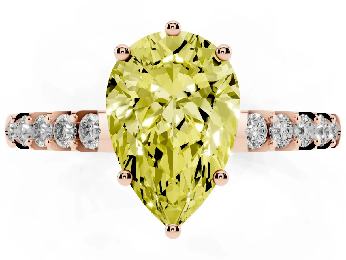 Fancy Yellow Pear Cut Solitaire Diamond Engagement Ring with Pavé Band and Six-Prong Setting Rose gold
