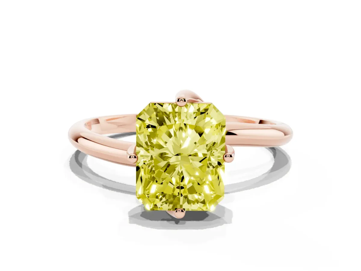 Fancy Yellow Radiant Cut Diamond Solitaire Engagement Ring with Four-Prong Setting and Classic Band Rose gold
