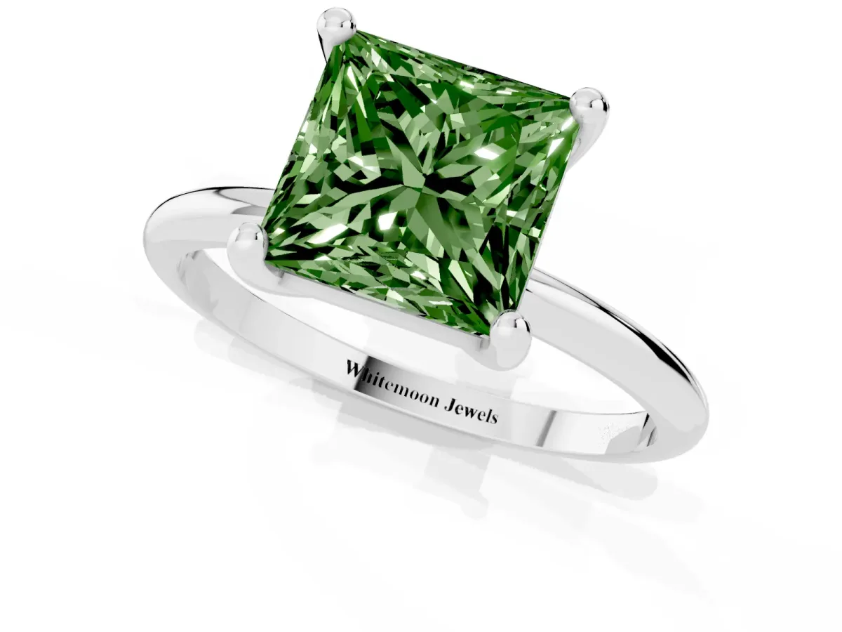 Fancy Green Princess Cut Solitaire Diamond Ring with 4-Prong Setting on a Classic Band Platinum