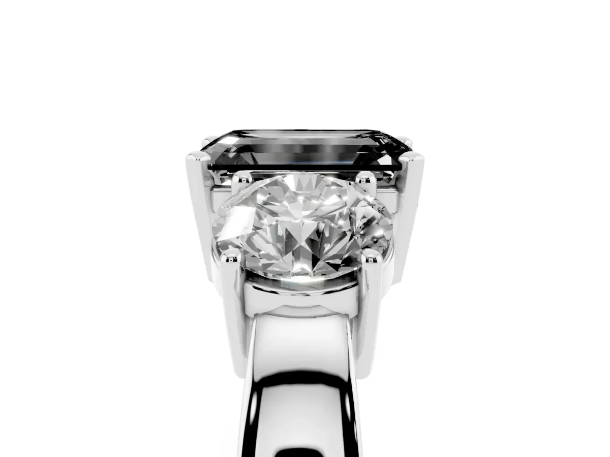 Fancy Black Three-Stone Emerald Cut Diamond Ring with Round Side Stones, Classic Band, and Four-Prong Setting Silver