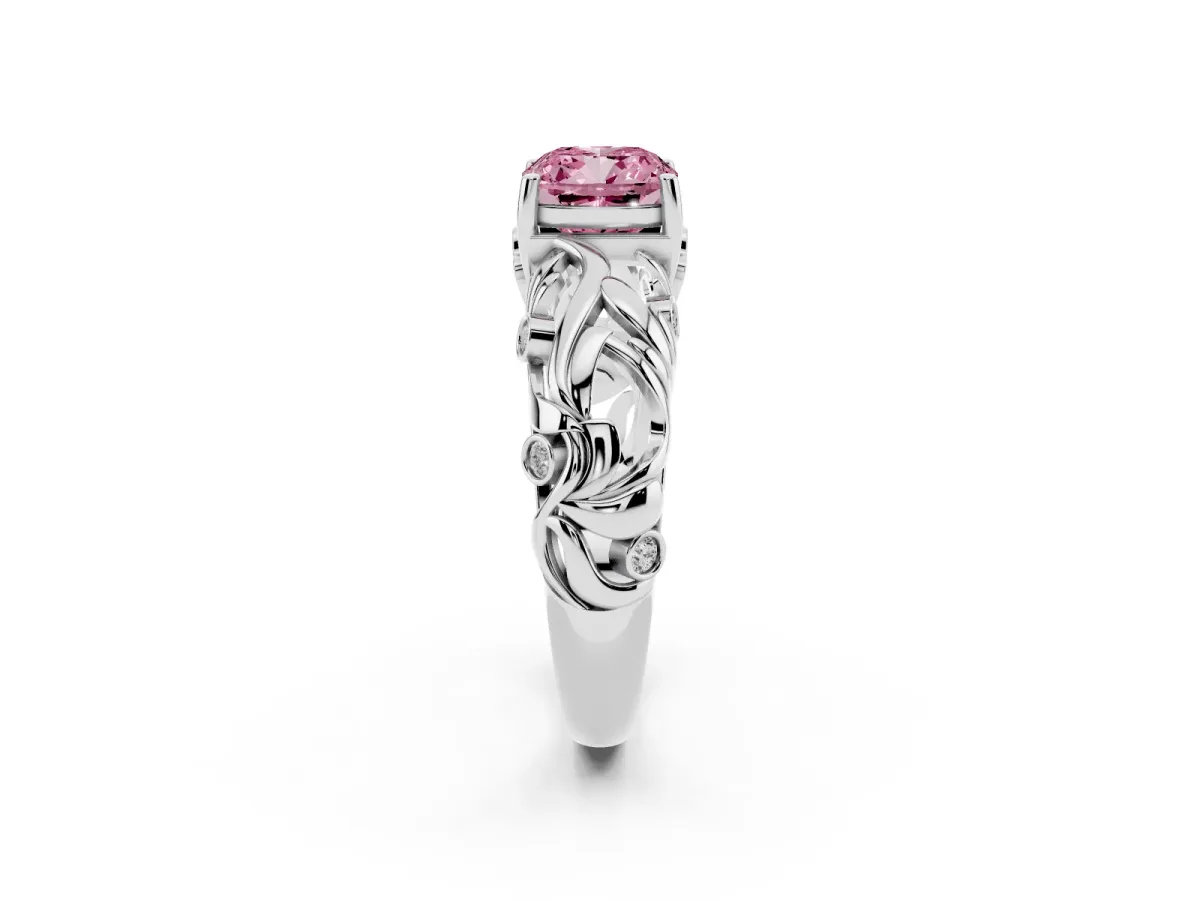 Fancy Pink Cushion Cut Solitaire Diamond Leaf-Inspired Vine Band Ring with Prong Setting Platinum