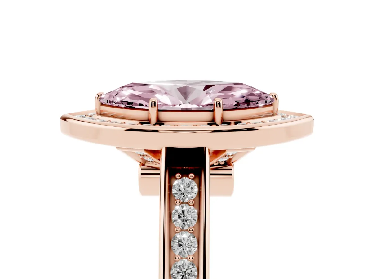 Fancy Pink Marquise Cut Halo Solitaire Diamond Ring with Pave Band and Bezel Setting Rose gold