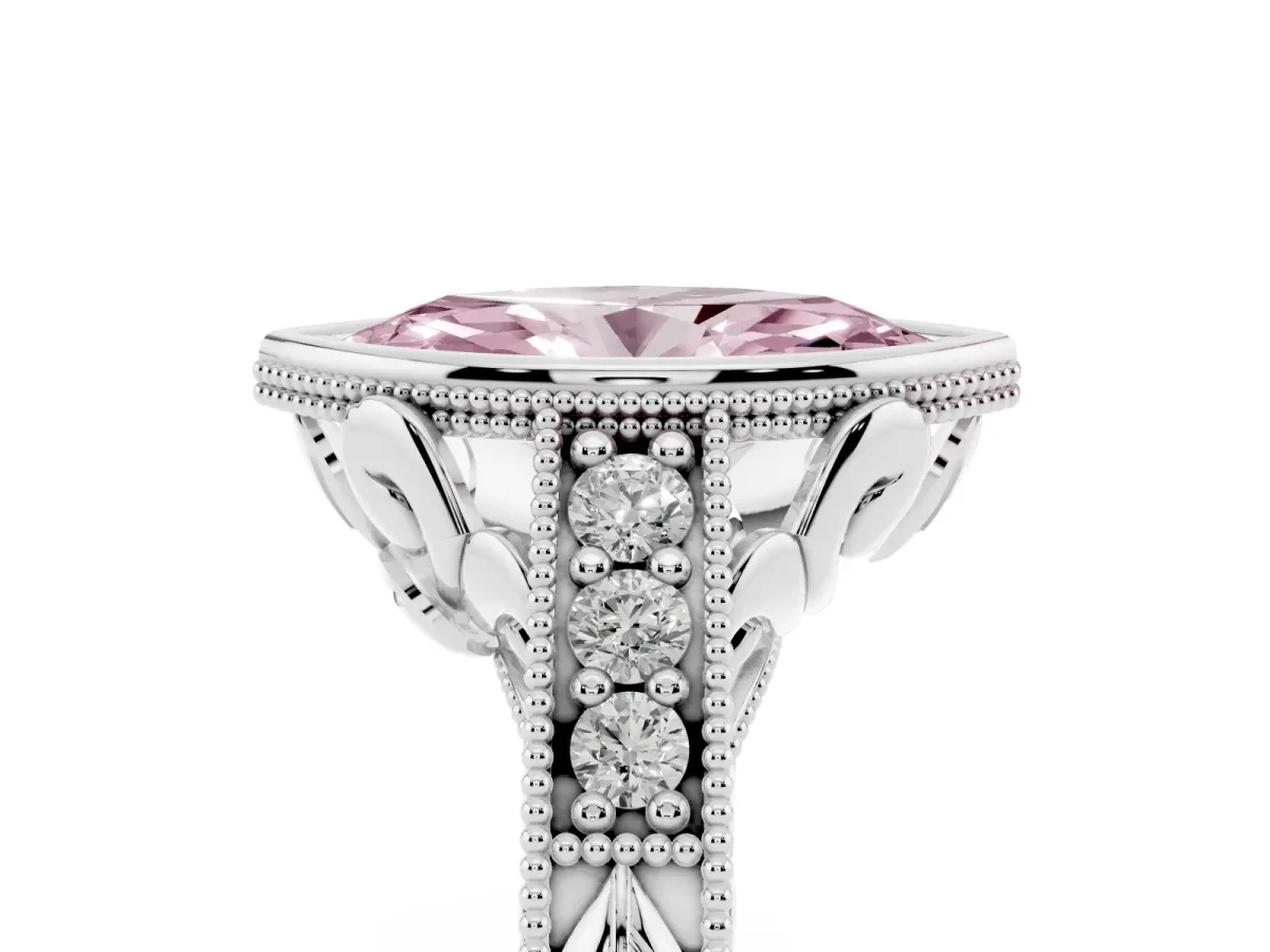 Fancy Pink Bezel Set Marquise Cut Diamond Milgrain Pave Engagement Ring Silver