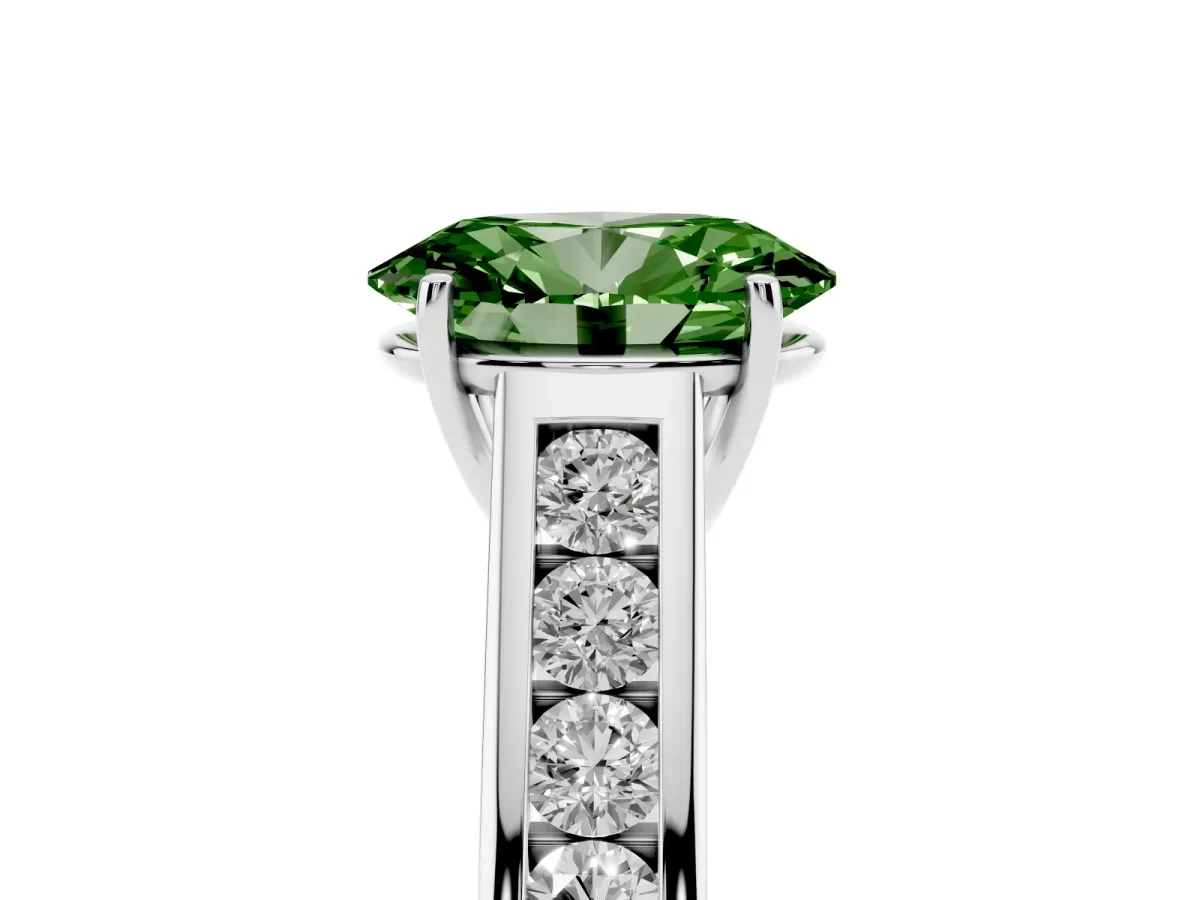 Fancy Green Oval Cut Solitaire Channel-Set Diamond Engagement Ring with Four-Prong Setting Silver