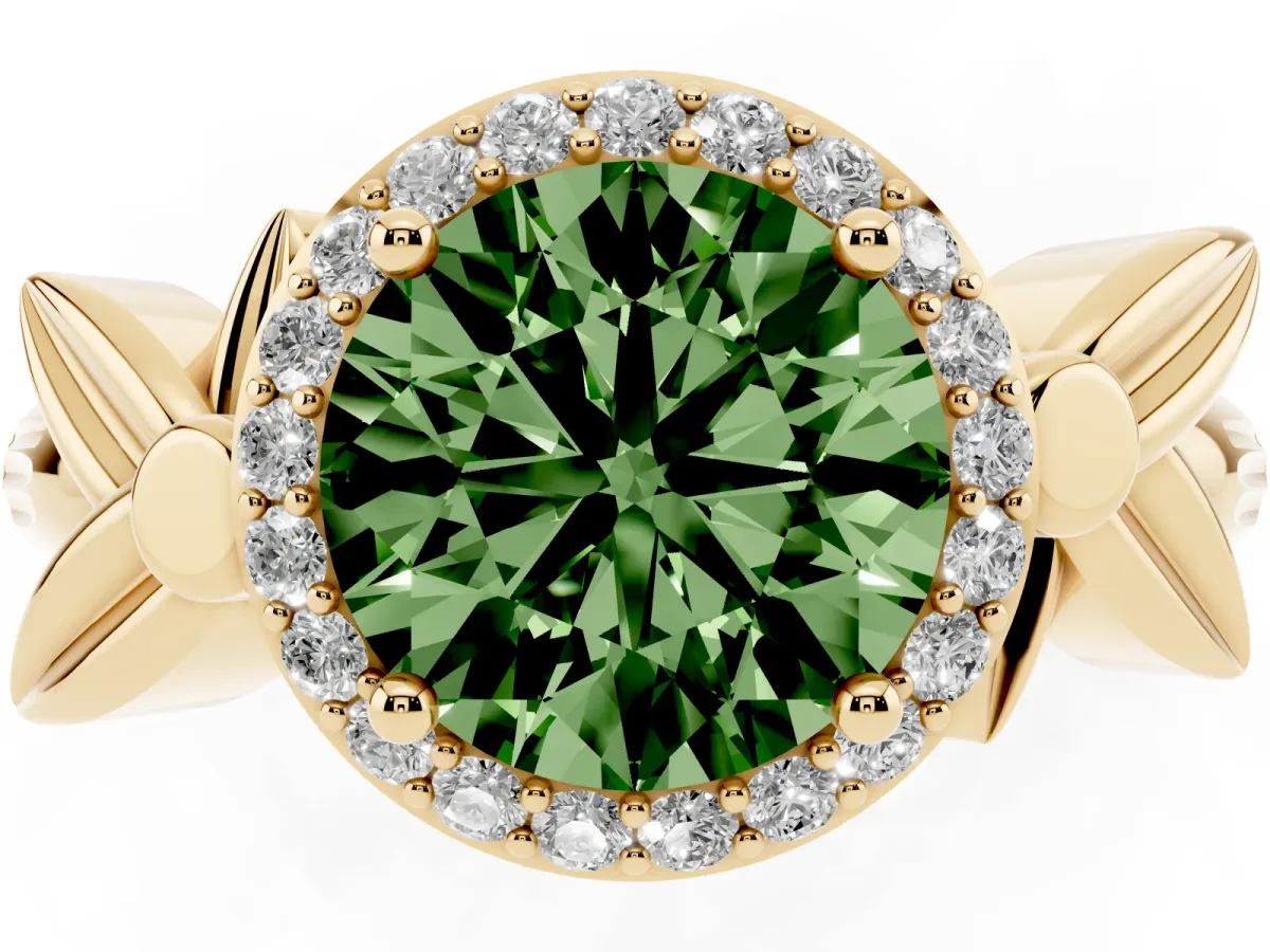 Fancy Green Round Cut Halo Diamond Floral Band with Four-Prong Setting Yellow gold