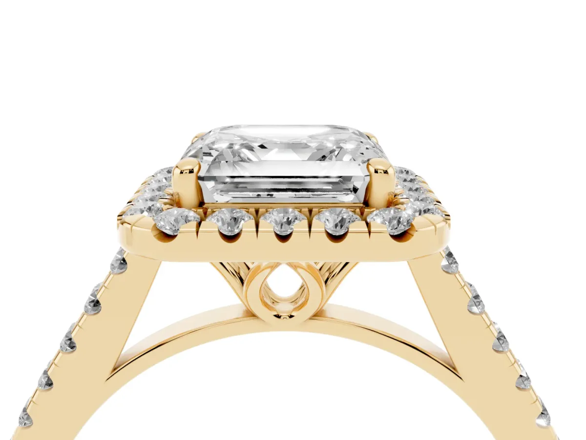 Asscher Cut Halo Pavé Diamond Engagement Ring with Four-Prong Setting Yellow gold