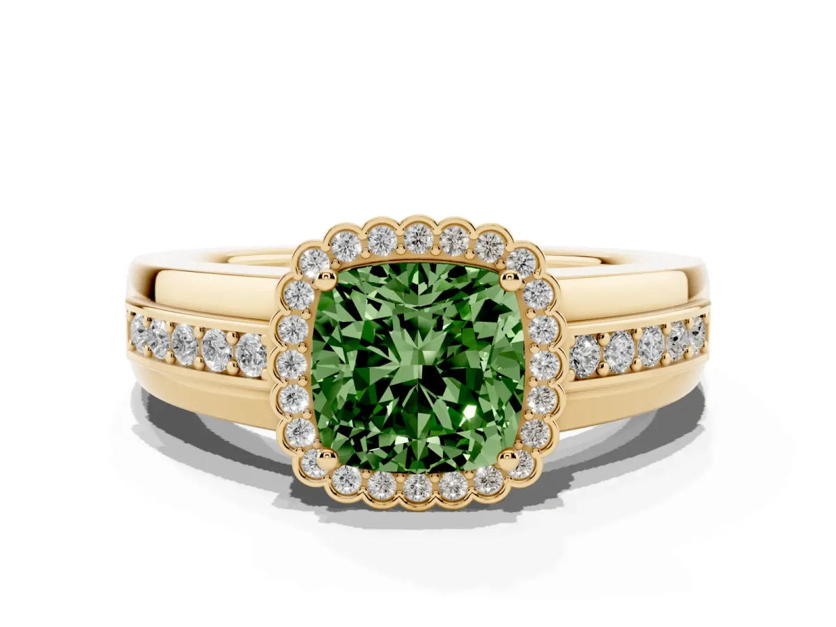 Fancy Green Cushion Cut Cut Halo Pave Band Four-Prong Ring Yellow gold