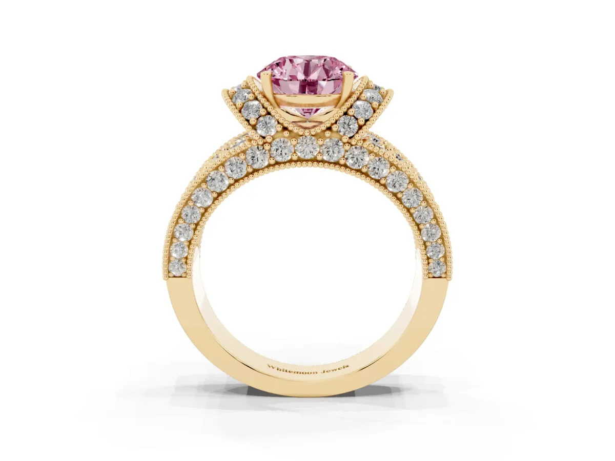 Fancy Pink Round Cut Halo Pave Diamond Engagement Ring with Milgrain Detailing Yellow gold
